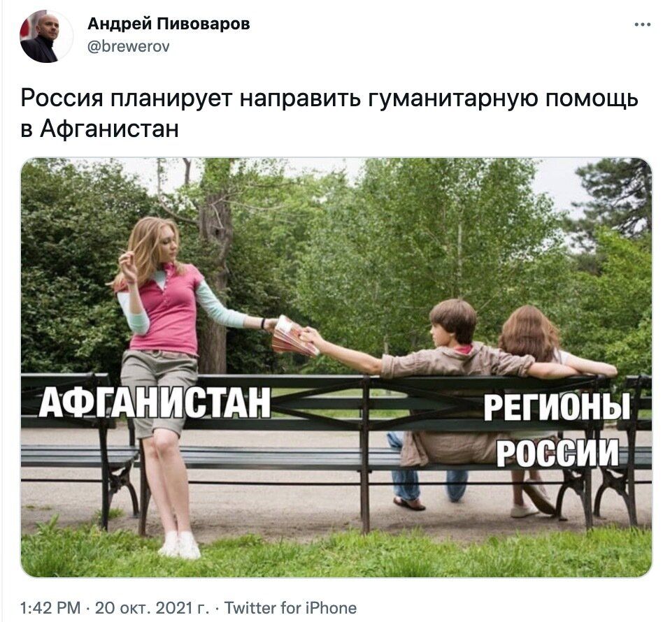 Андрей Пивоваров Ьгешегоч Россия планирует направить гуманитарную помощь в Афганистан с РЕгионьт россии _ 142 РМ 20 окт 2021 г Тшісіег тог іРЬопе