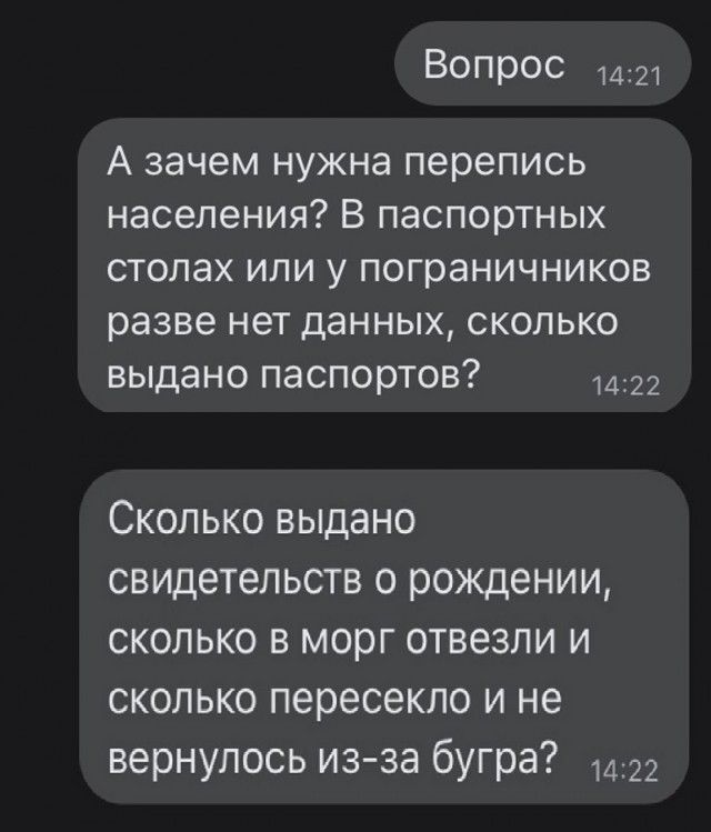 Вопрос 1421 А зачем нужна перепись населения В паспортных столах или у пограничников разве нет данных сколько выдано паспортов Сколько выдано свидетельств о рождении сколько в морг отвезли и сколько пересекло и не вернулось из за бугра 1422