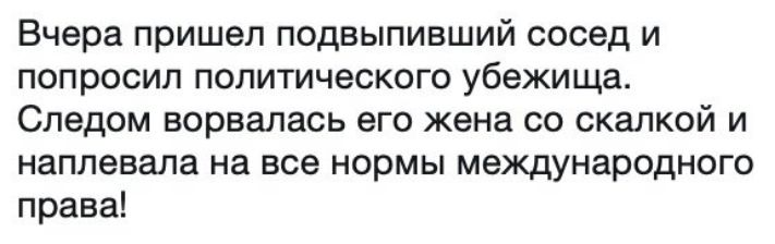 Вчера пришел подвыпивший сосед и попросил политического убежища Следом ворвалась его жена со скалкой и наплевала на все нормы международного права