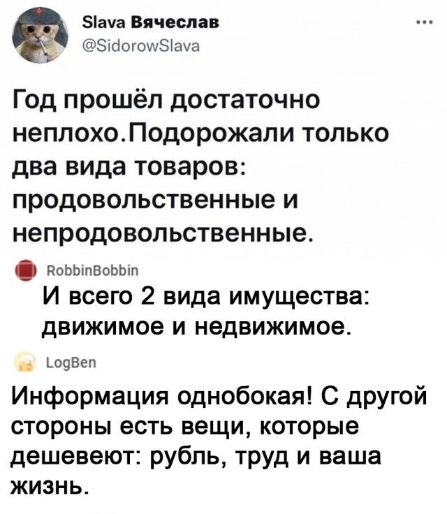 5ауа Вячеслав ЭісіогошЗКаУа Год прошёл достаточно неплохо Подорожали только два вида товаров продовольственные и непродовопьственные РоЬЬіпВоЬЬіп И всего 2 вида имущества движимое и недвижимое _ ьооВеп Информация однобокая С другой стороны есть вещи которые дешевеют рубль труд и ваша жизнь