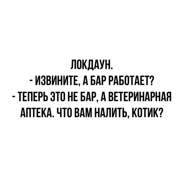 ЛОКДАУН ИЗВИНИТЕ А БАР РАБОТАЕТ ТЕПЕРЬ ЭТО НЕ БАР А ВЕТЕРИНАРНАЯ АПТЕКА ЧТО ВАМ НАЛИТЬ КОТИК