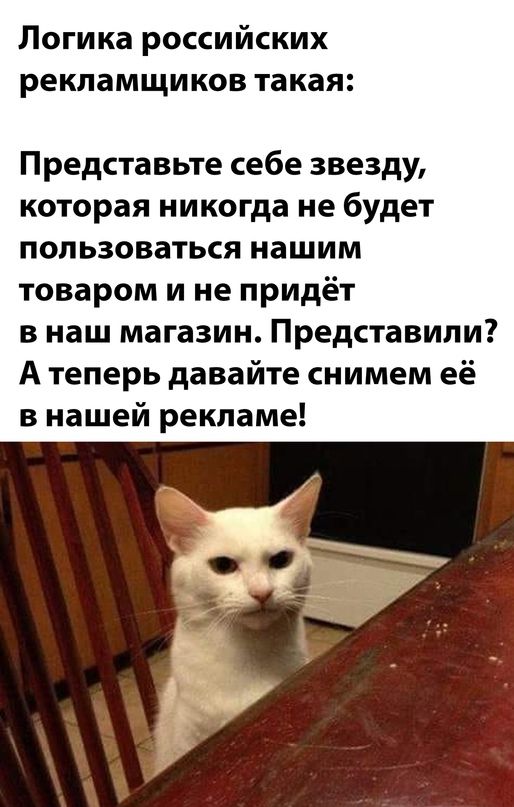 Логика российских рекламщиков такая Представьте себе звезду которая никогда не будет пользоваться нашим товаром и не придёт в наш магазин Представили А теперь давайте снимем её в нашей рекламе