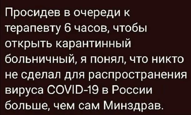 Просидев в очереди к терапевту 6 часов чтобы открыть карантинный больничный я понял что никто не сделал для распространения вируса СОЭ 19 в России больше чем сам Минздрав