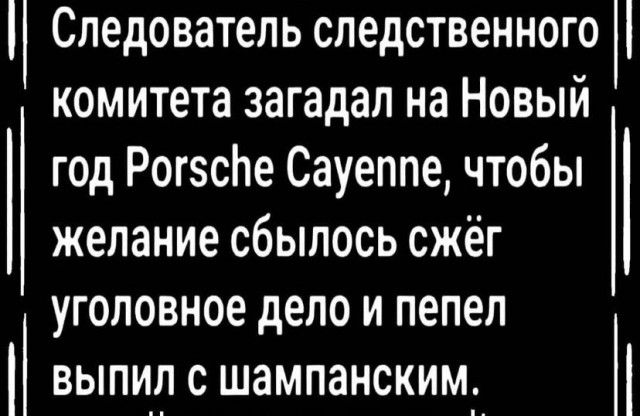 Следователь следственного комитета загадал на Новый год РогзсЬе Сауеппе чтобы желание сбылось сжёг уголовное дело и пепел выпил с шампанским