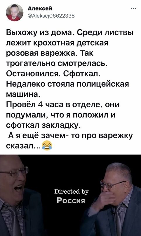 _ _ Алексей АЮК59106622338 Выхожу из дома Среди листвы лежит крохотная детская розовая варежка Так трогательно смотрелась Остановился сфоткал Недалеко стояла полицейская машина Провёл 4 часа в отделе они подумали что я положил и сфоткал закладку А я ещё зачем то про варежку сказал г Пігесъесі Ьу Россия