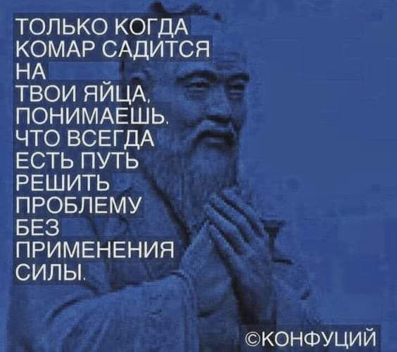 ТОЛЬКО КОГДА КЗМАР САДИТСЯ Н ТВОИ ЯИЦА ПОНИМАЕШЬ ЧТО ВСЕГДА ЕСТЬ ПУТЬ РЕШИТЬ ПРОБЛЕМУ БЕЗ ПРИМЕНЕНИЯ СИЛЫ КОНФУЦИЙ