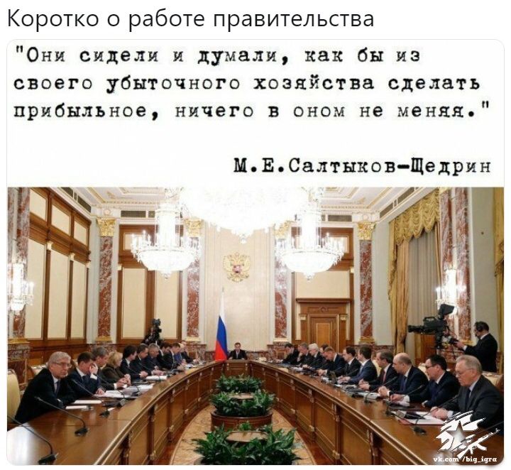 Коротко о работе правительства Они сидели и думали как бы из своего убыточного хозяйства сделать прибыльное ничего в оном не меняя МЕСалтнков Щедрин аг