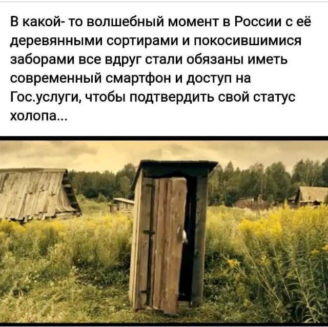 В какой то волшебный момент в России с её деревянными сортирами и покосившимися заборами все вдруг стали обязаны иметь современный смартфон и доступ на Госуслуги чтобы подтвердить свой ст тус ХОЛОПЭ