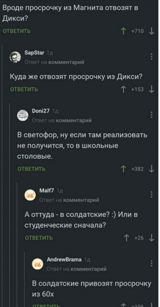 Вроде просрочку из Магнита отвозят в Дикси пит т и ф Зярзіяг ким кхрпн Куда же отвозят просрочку из Дикси чт тг Т чтз 0071127 ктм п В светофор ну если там реализовать не получится то в школьные столовые и И Т чі ф ММП днеи _рм А оттуда в солдатские Или СТУДеНЧеСКИЭ сначала ымы Т м 3 маршами комнртпдрии В солдатские привозят просрочку из 60 мы Ф