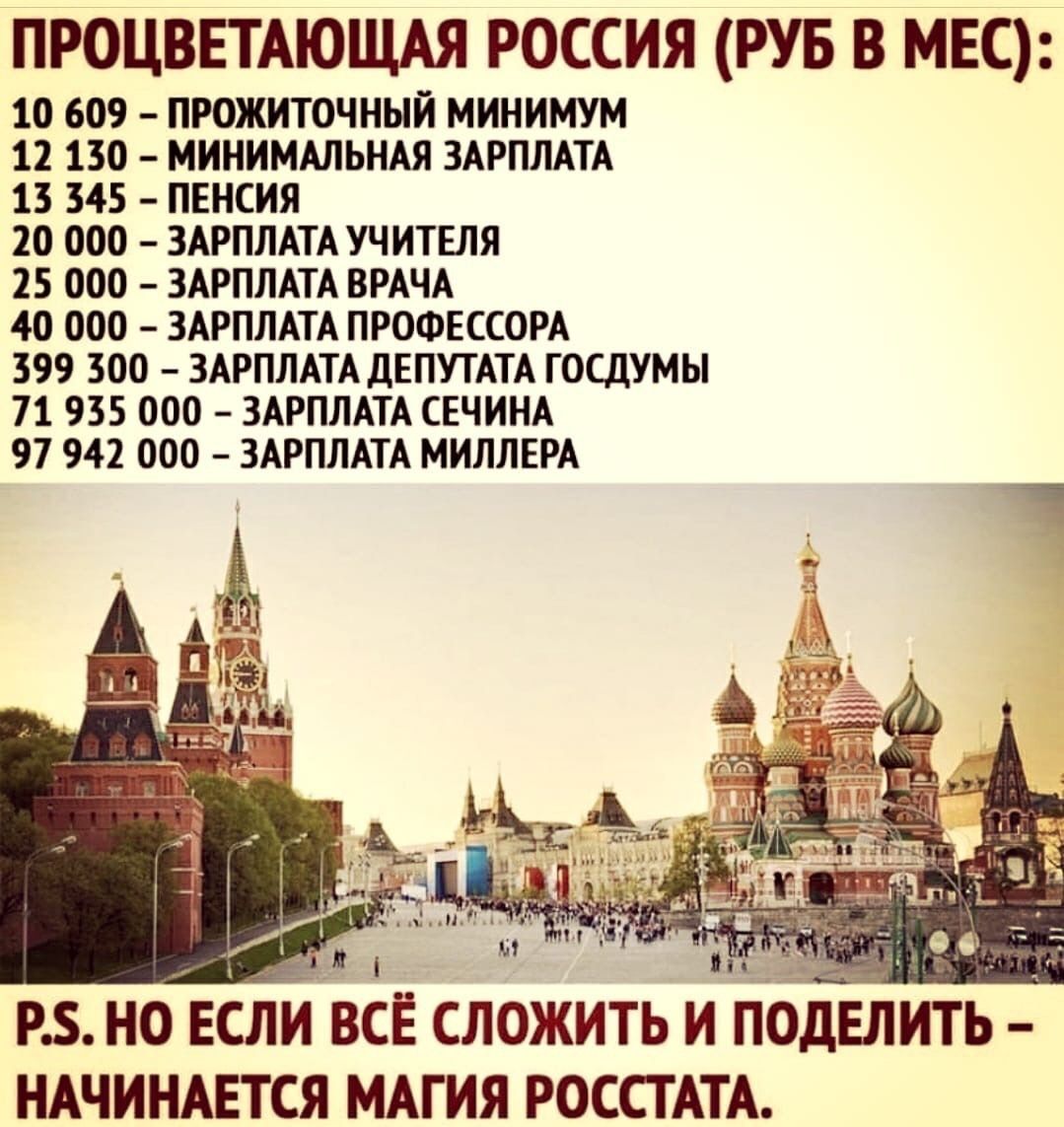 ПРОЦВЕТАЮЩАЯ РОССИЯ РУБ В МЕС 10 609 ПРОЖИТОЧНЫИ МИНИМУМ 12 130 МИНИМАЛЬНАЯ ЗАРПЛАТА 13 345 ПЕНСИЯ 20 000 ЗАРПЛАТА УЧИТЕЛЯ 25 000 ЗАРПЛАТА ВРАЧА 40 000 ЗАРПЛАТА ПРОФЕССОРА 399 300 ЗАРПЛАТА ДЕПУТАТА ГОСДУМЫ 71 935 000 ЗАРПЛАТА СЕЧИНА 97 942 000 ЗАРПЛАТА МИЛЛЕРА из но если всЁ сложить и псдЕлить НАЧИНАЕТСЯ МАГИЯ РОССТАТА