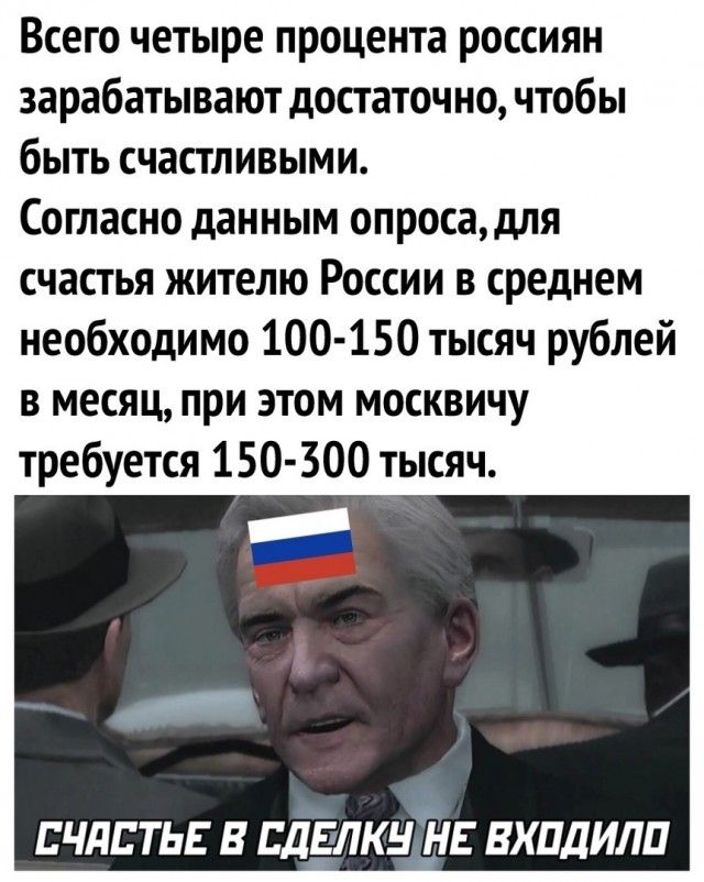 Всего четыре процента россиян зарабатывают достаточно чтобы быть счастливыми Согласно данным опросадля счастья жителю России в среднем необходимо 100 150 тысяч рублей в месяц при этом москвичу требуется 150 300 тысяч ЕЧдЕТЬЕ В СДЕЛКНЁЕ ВКПДИЛП