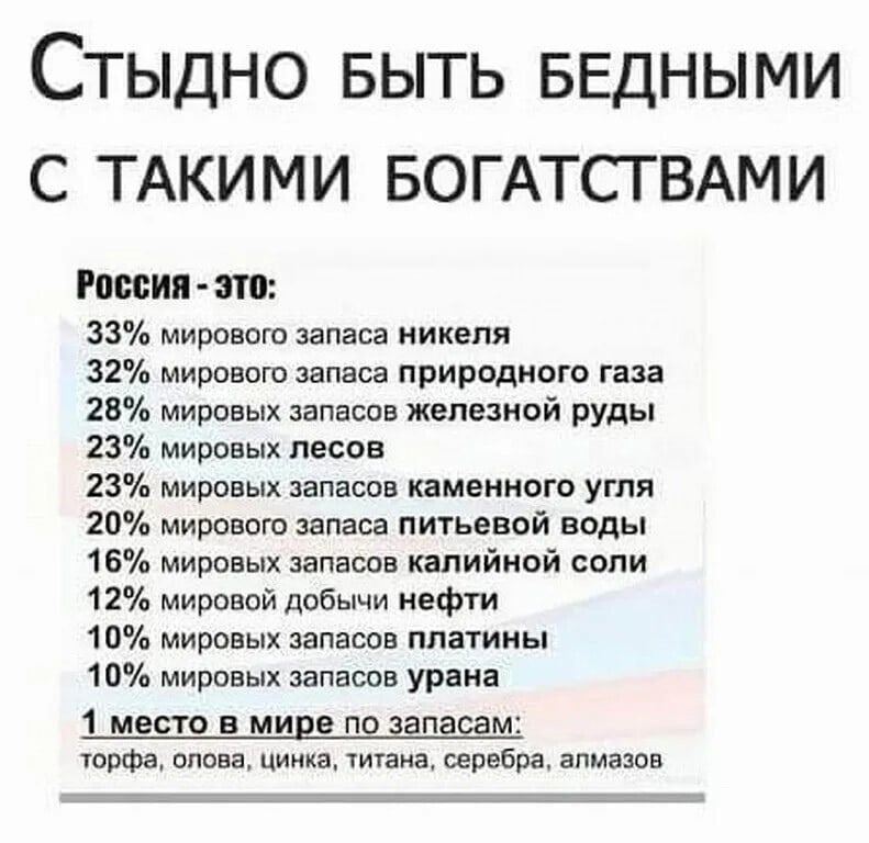 СТЫДНО БЫТЬ БЕДНЫМИ С ТАКИМИ БОГАТСТ ВАМИ РПББИП это 33 мирового запаса никеля 32 мирового запаса природного газа 28 мировых запасов железной руды 23 мировых лесов 23 мировых запасов каменного угля 20 мирового запаса питьевой воды 16 Мировых запасов калийной если 12 мировой добычи нефти 10 мировых запасов платины 10 мировых запасов урана 1 место В мире ПО запасам юрфа олова цинка титана серебра ал