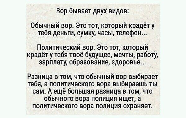 Вор бывает двух видов Обычный вор Это тот который крадёт у тебя деньги сумку часы телефон Политический вор Это тот который крадёт у тебя твоё будущее мечты работу зарплату образование здоровье Разница в том что обычный во выбирает тебя политического вора вы ираешь ты сам А ещё большая разница в томчто обычного вора полиция ищет а политического вора полиция охраняет
