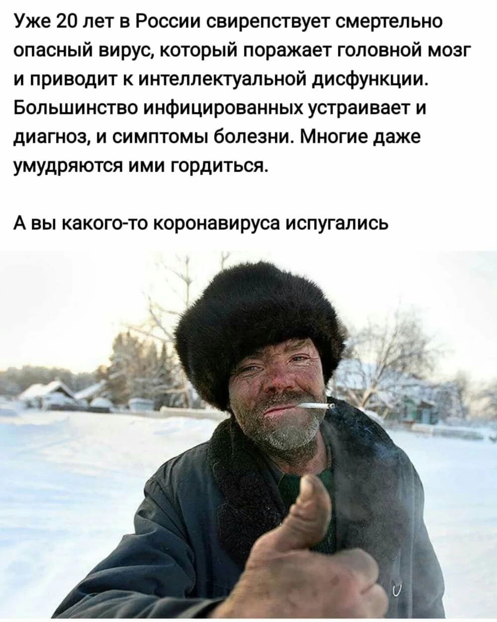 Уже 20 лет в России свирепствует смертельно опасный вирус который поражает головной мозг и приводит к интеллектуальной дисфункции Большинство инфицированных устраивает и диагноз и симптомы болезни Многие даже умудряются ими гордиться А ВЫ К8К0Г0 Т0 КОРОНЗВИРУСЗ испугались