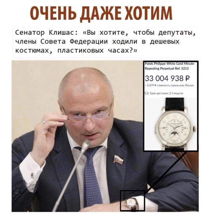 ОЧЕНЬ ДАЖЕ ХОТИМ Сенатор Клишас Вы хотите чтобы депутаты члены Совета Федерации ходили из дешевых костюмах пластиковых часах