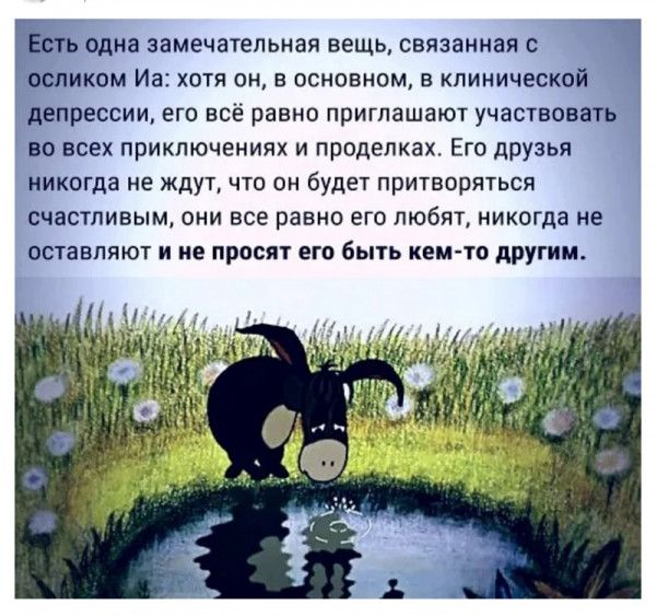одна замечательная вещь связанная иком Иа хотя он в основном в клинической депрессии его всё равно приглашают участвовать во всех приключениях и проделках Его друзья никогда не ждут что он будет притворяться счастливым они все равно его любят никогда не оставляют и не просят его быть кемто другии