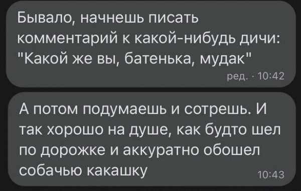 Бывало начнешь писать комментарий к какойнибудь дичи Какой же вы батенька мудак ред 1042 А потом подумаешь и сотрешь И так хорошо на душе как будто шел по дорожке и аккуратно обошел собачью какашку 1043