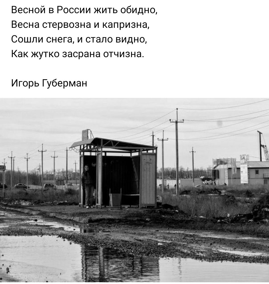 Весной в России жить обидно Весна стервозна и капризна Сошли снега и стало видно Как жутко засрана отчизна Игорь Губерман
