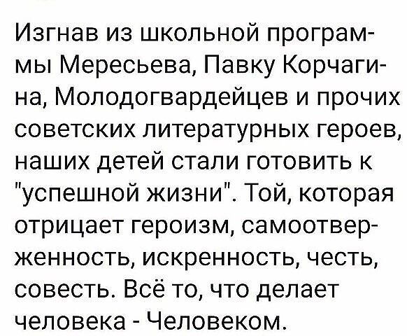 Изгнав из школьной програм мы Мересьева Павку Корчаги на Молодогвардейцев и прочих советских литературных героев наших детей стали готовить к успешной жизни Той которая отрицает героизм самоотвер женность искренность честь совесть Всё то что делает человека Человеком