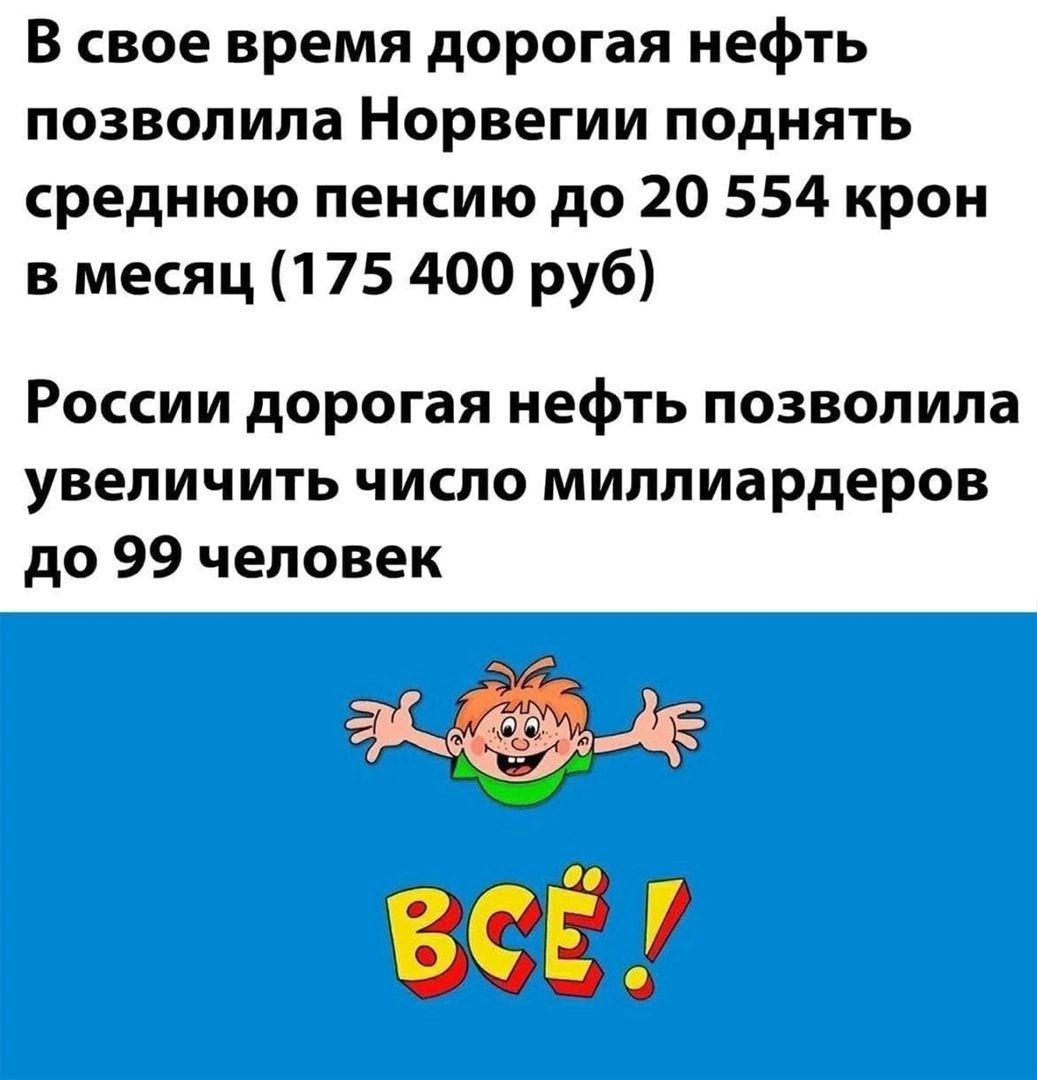 В свое время дорогая нефть позволила Норвегии поднять среднюю пенсию до 20 554 крон в месяц 175 400 руб России дорогая нефть позволила увеличить число миллиардеров до 99 человек т