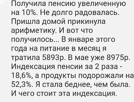 Получила пенсию увеличенную на 10 Не долго радовалась Пришла домой прикинупа арифметику И вот что получилось В январе этого года на питание в месяц я тратила 5893р В мае уже 8975р Индексация пенсии за 2 раза 186 а продукты подорожали на 523 Я стала беднее чем была И чего СТОИТ эта индексация