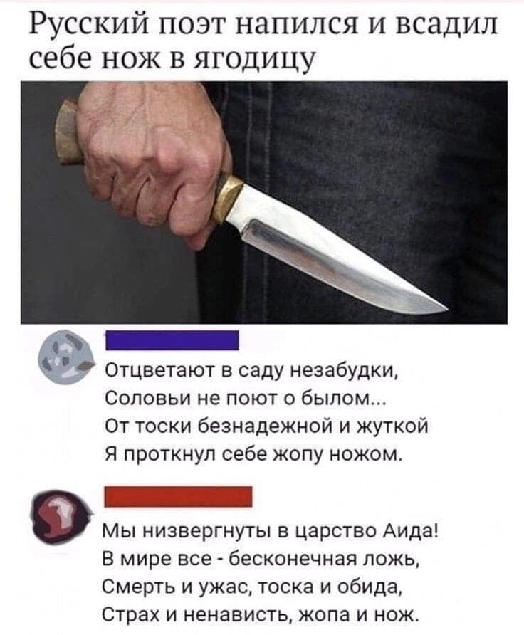 Русский поэт напился и всадил себе нож в ягодицу _ Отцветают в саду незабудки соловьи не поют о былом от тоски безнадежной и жуткой приткиуп себе жопу ножом Ш 9 Мы низвергнуты в царство Аида В мире все бесконечная ложь Смерть и ужас тоска и обида Страх и ненависть жопа и нож