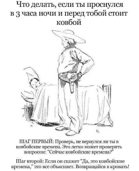 Что делать если ты проснулся в 3 часа ночи и перед тобой сюит ковбой ШАГ ПЕРВЫЙ1Провнрьме вернулся ли ты в кпкюйпше кре ша э лент и проперпть вопроса вйчпс ковбойшшс времена Шаг поит в скат Па кпвбойшше времена т всеобщшиы Вознрищайш кроты