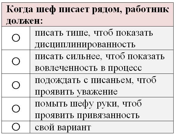 Когда шеф писает ряцом рпбптшш должен О ПИСЗТЬ ТИШВ ЧТОБ ПОКЗЗПТЬ ДИСЦИЦЛИНИРОВЦННОС Ь ПИСИТЬ СИЛЬНЁС чтоб показать ВОВЛЁЧСННОСТЬ В ПРОЦЁСС П0ДОЭКДДТЬ С ПИСДНЬСЬЬ ПОб ПрОЯВИТЬ ВПЖСНИЁ помыть шефу руки поб проявить привязанность О О О О свой вариант