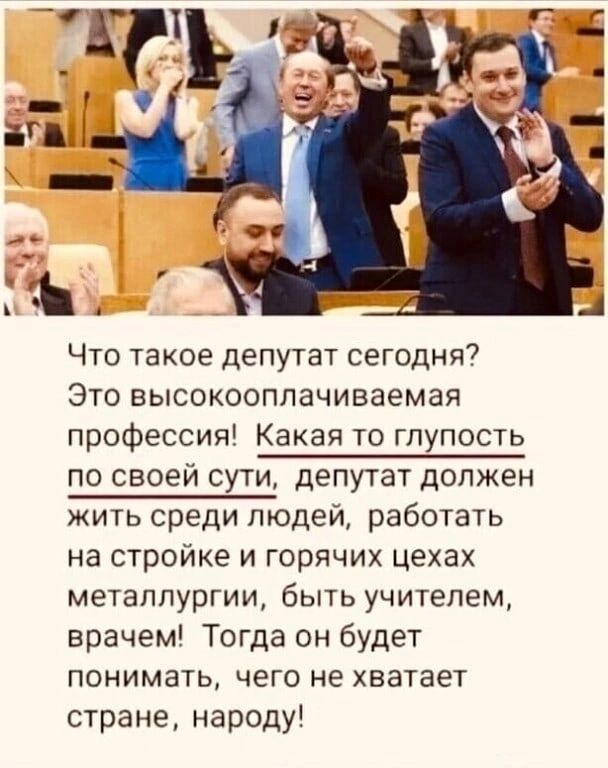 Что такое депутат сегодня7 Это высокооппачиваемая профессия Какая то глупость по своей сути депутат должен жить среди людей работать на стройке и горячих цехах металлургии быть учителем врачем Тогда он будет понимать чего не хватает стране народу