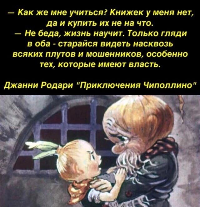 Как же мне учиться Книжек у меня нет да и купить их не на что Не беда жизнь научит Только гляди оба старайся видеть насквозь всяки плутов и мошенников особенно гех которые имеют впасть Джанни Родари Приключения Чиполлино