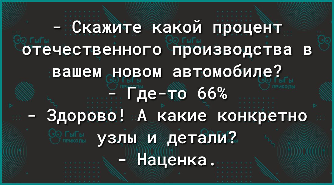 Скажите какой процент отечественного ПрОИЗВОдСТВа В вашем НОВОМ автомобиле Где то 66 Здорово А какие конкретно узлы и детали Наценка