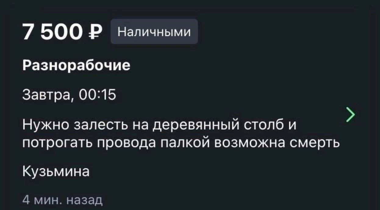 7 500 Наличными Разнорабочие Завтра 0015 Нужно залесть на деревянный столб и потрогать провода папкой возможна смерть Кузьмина А мин назад