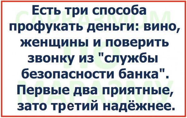 Есть три способа профукать деньги вино женщины и поверить звонку из службы безопасности банка Первые два приятные зато третий надёжнее