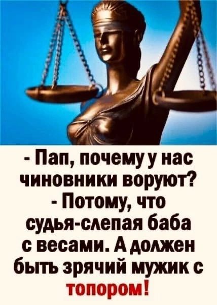 Пап почемуу нас чиновники воруют Потому что судья слепая баба весами А должен быть зрячий мужик с топором