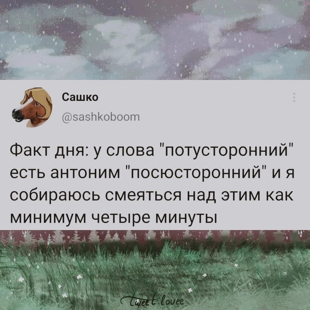 Сашко НКОЬОСПЧ Факт дня у слова потусторонний есть антоним посюсторонний и я собираюсь смеяться над этим как минимум четыре минуты 1