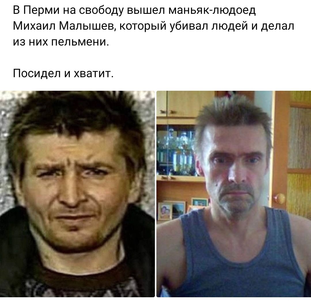 в Перми на свибоду вышел маньяклюдоед Михаил Малышев который убивал людей и делал из них пельмени Посидеп и хватит