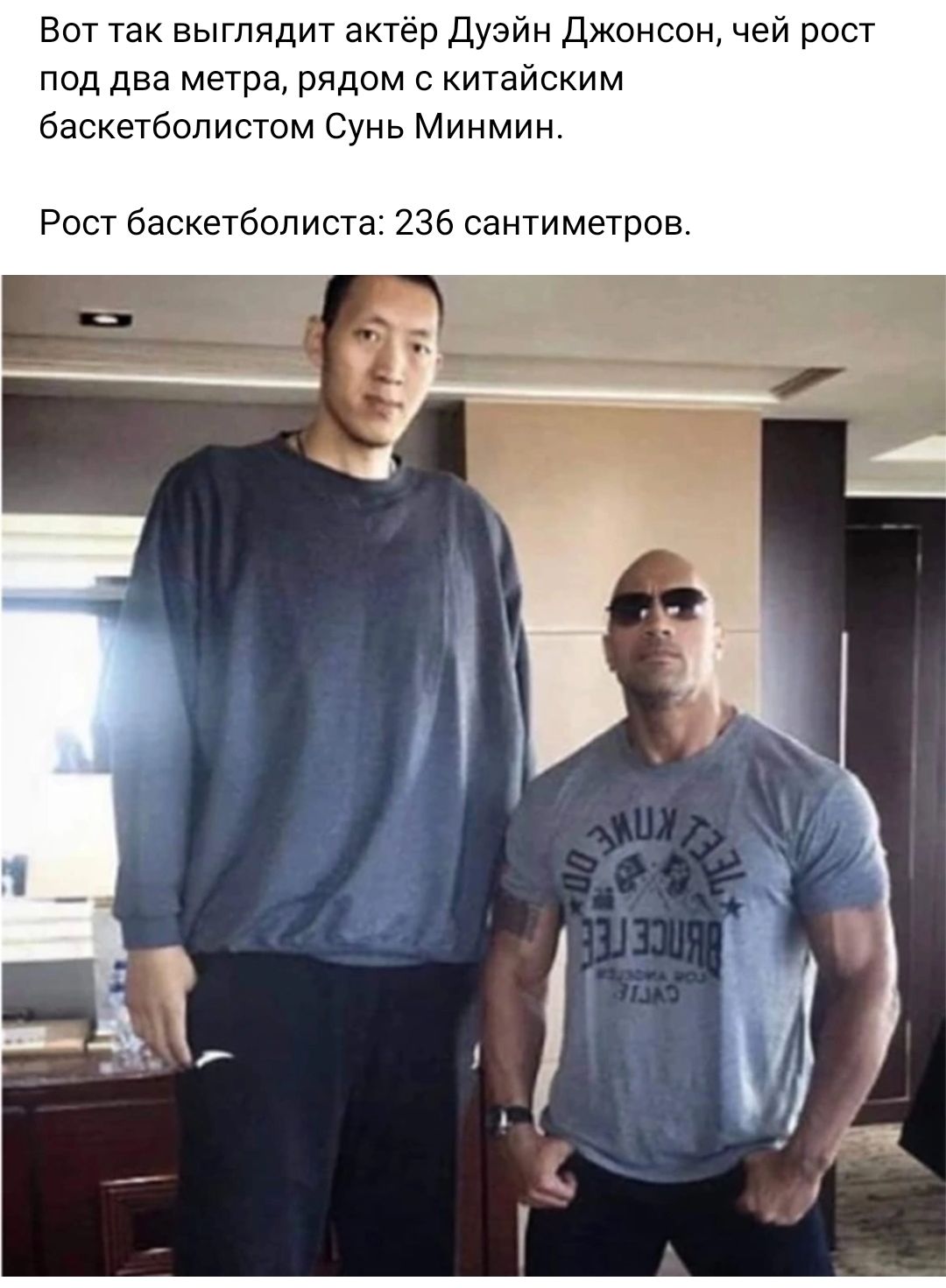 Вот так выглядит актер Дуэйн Джонсон чей рост под два метра рядом с китайским баскетболистом Сунь Миимин Рост баскетболист 236 сантиметров