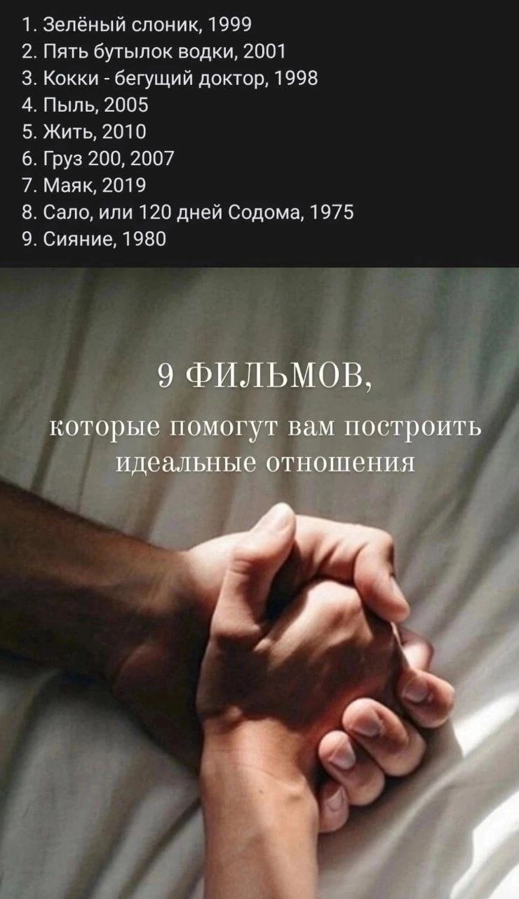 1 Зелёный слоник 1999 2 Пять бутылок водки 2001 3 Кикки бегущий доктор 1998 4 Пыль 2005 5 Жить 2010 6 Груз 200 2007 7 Маяк 2019 Сало или 120 дней Содома 1975 9 Сияние 19130