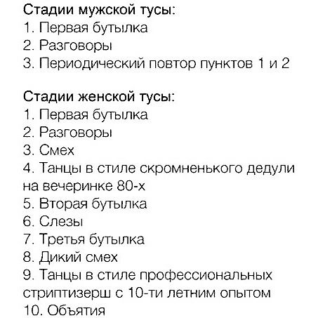 Стадии мужской тусы 1 Первая бутылка 2 Разговоры З Периодический повтор пунктов 1 и 2 Стадии женской тусы 1 Первая бутылка 2 Разговоры Э Смех 4 Танцы в стиле скромненькою дедупи на вечеринке 80 х 5 Вторая бутылка Слезы 7 Третья бутылка Дикий смех 9 Танцы в стиле профессиональных стриптизерш 107ти летним опьггом 10 Объятия