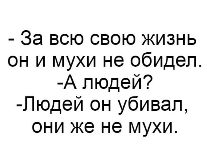 За всю свою жизнь он и мухи не обидел А людей Людей он убивал они же не мухи