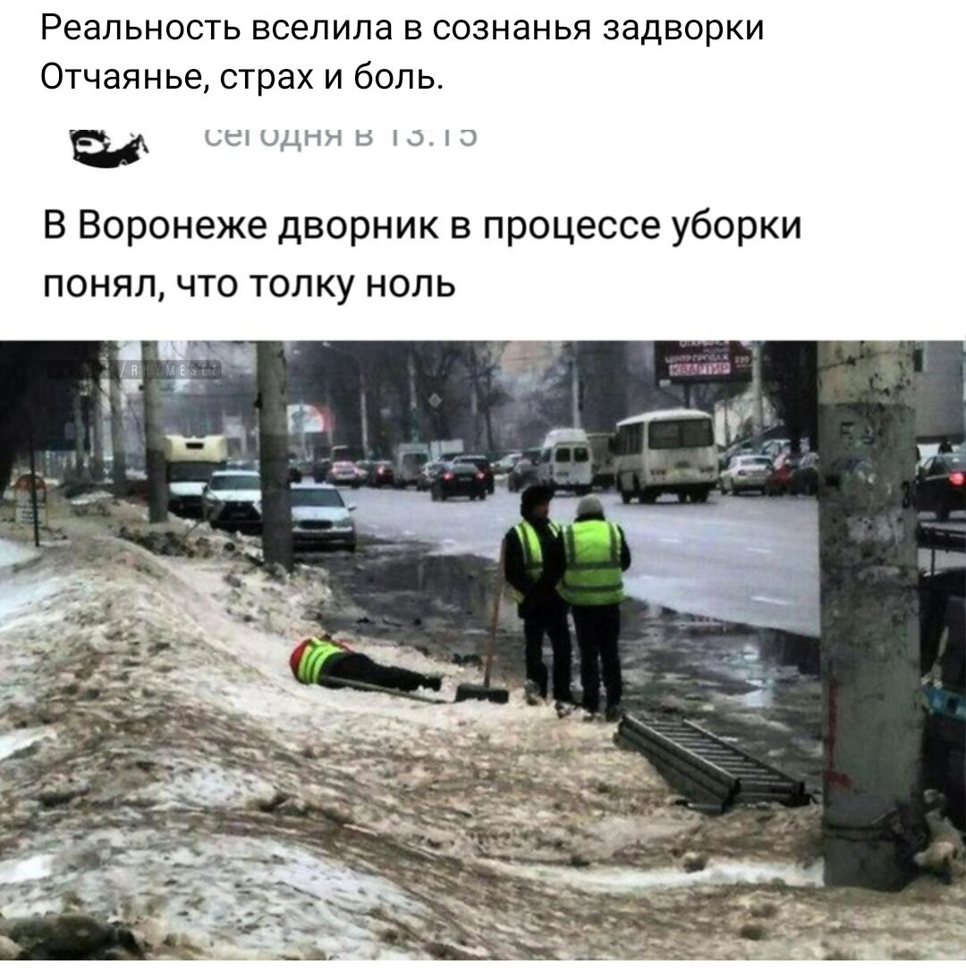 Реальность вселила в сознанья задворки Отчаянье страх и боль В Воронеже дворник в процессе уборки ПОНЯ ЧТО ТОЛКУ НОЛЬ