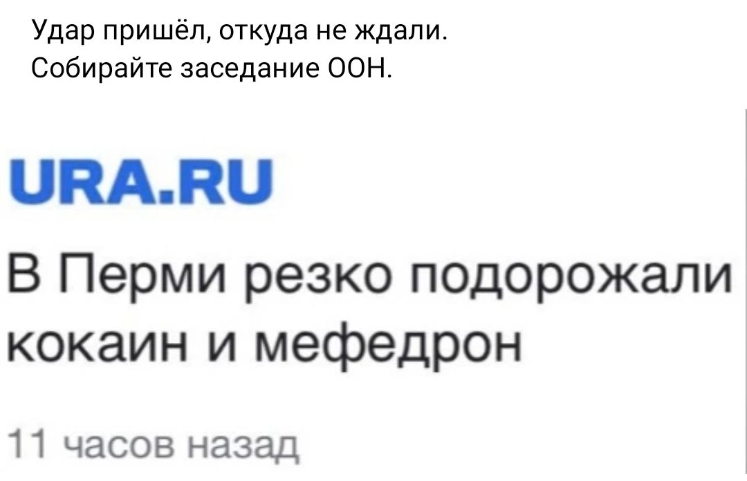 Удар пришёл откуда не ждали Собирайте заседание ООН ПАЛ В Перми резко подорожали кокаин и мефедрон 11 часов назад