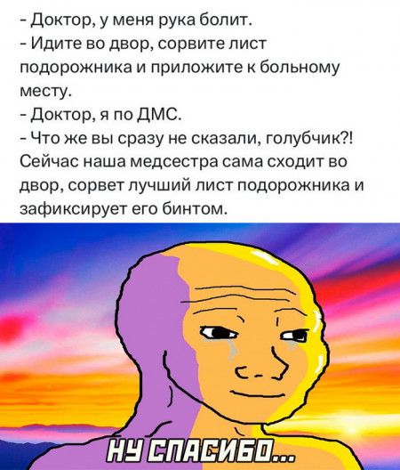 Доктор у меня рука бопит Идите во двор сорвите пист подорожника и приложите больному месту Доктор я по ДМС Что же вы сразу не сказали гопубчик Сейчас наша медсестра сама сходит во двор_ сорвет лучший пист подорожника и зафиксирует его бинтом