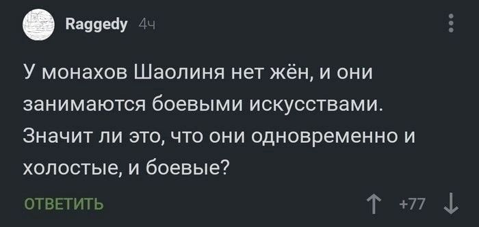 паввшу У монахов Шаолиня нет жён и они занимаются боевыми искусствами Значит ли это что они одновременно и холостые и боевые топить Т 777 1