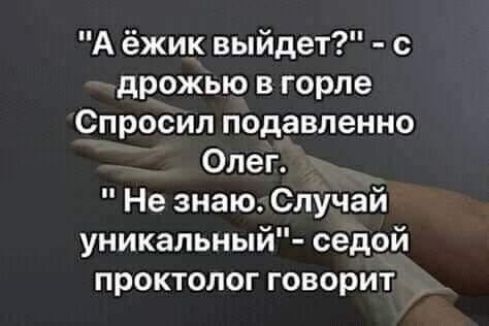 А ёжик выйдет с дрожью в горле Спросил подавленно Олег Не знаю Случай уникальный седой проктолог говорит