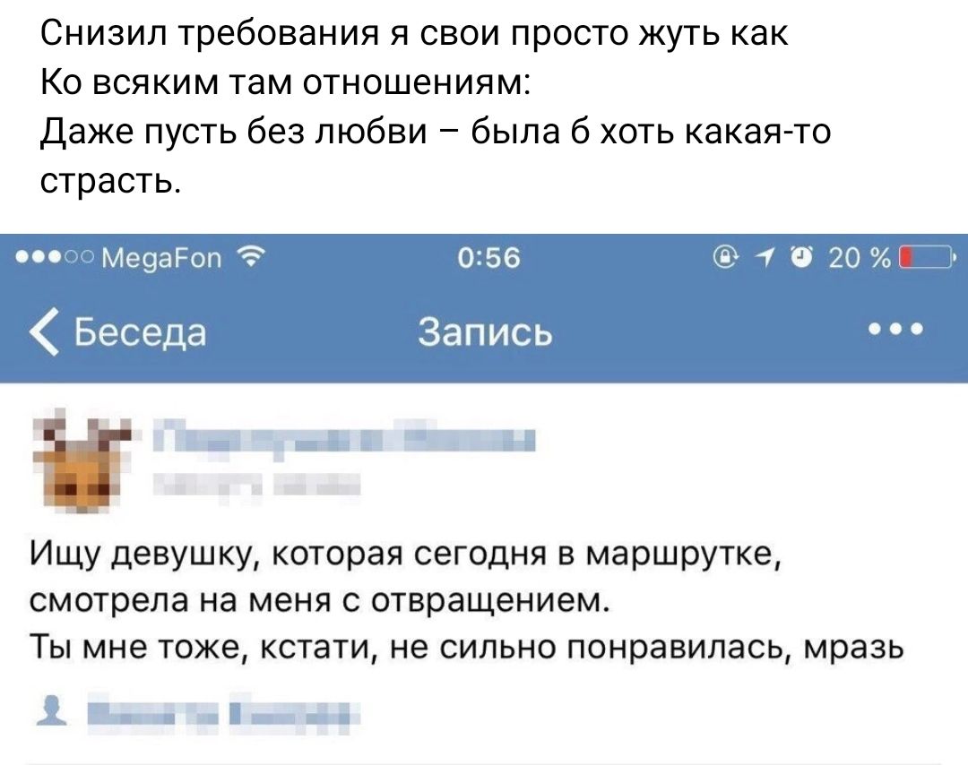 Снизип требования и свои просто жуть как Ко всяким там отношениям даже пусть без любви была б хоть какаято страсть ПАГ Беседа эрг __й Ищу девушку которая сегодня в маршрутке смотрела на меня с отвращением Ты мне тоже кстати не сильно понравилась мразь 17