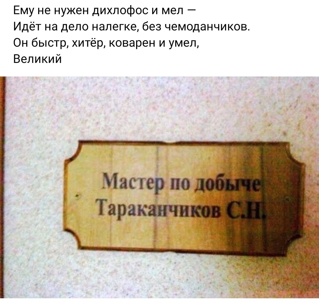 Ему не нужен дихлофос и мед Идет на дело налегке без чемоданчиков Он быстр хитёр сварен и умел Великий