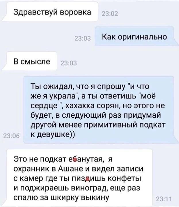 Здравствуй воровка Как оригинально В смысле Ты ожидал что я спрошу и что же я украла а гы ответишь моё сердце хахахха сорян но этого не будет в следующий раз придумай другой менее примитивный подкат к девушке Это не подкат ебанутая я охранник в Ашане и видел записи камер где ты пиздишь конфеты и поджираешь виноград еще раз спапю за шкирку выкину