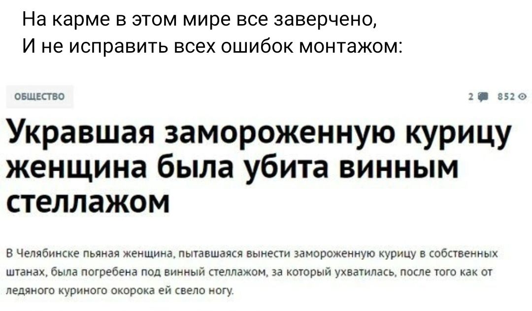 На карме в этом мире все заверчено И не исправить всех ошибок монтажом Укравшая замороженную курицу женщина была убита винным стеллажом на т в мы _ьм тц