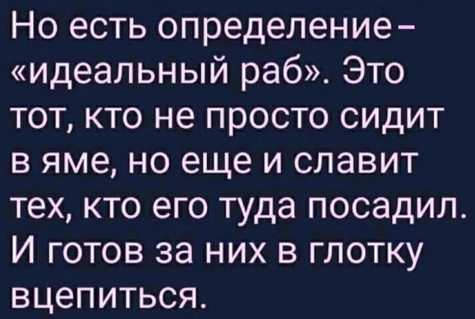 Но есть определение идеальный раб Это тот кто не просто сидит в яме но еще и славит тех кто его туда посадил И готов за них в глотку вцепиться